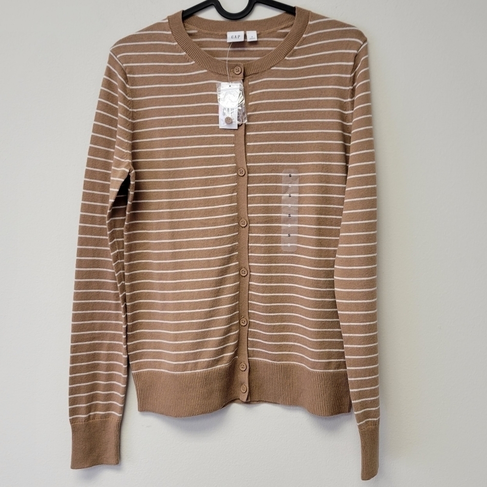 GAP Crew Neck Stripe Cardigan Camel Brown S - Picture 2 of 7